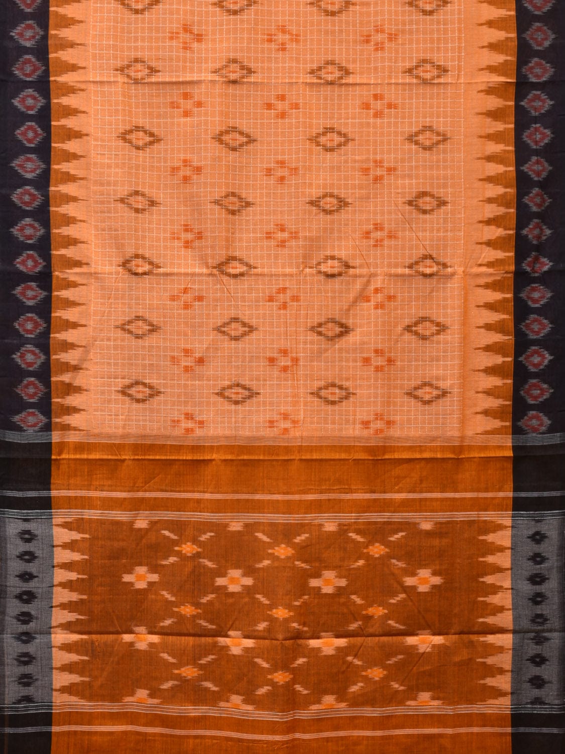 Orange Pochampally Ikat Handloom Saree with Checks and Border Design No Blouse - Global Threads | Swadesiicart