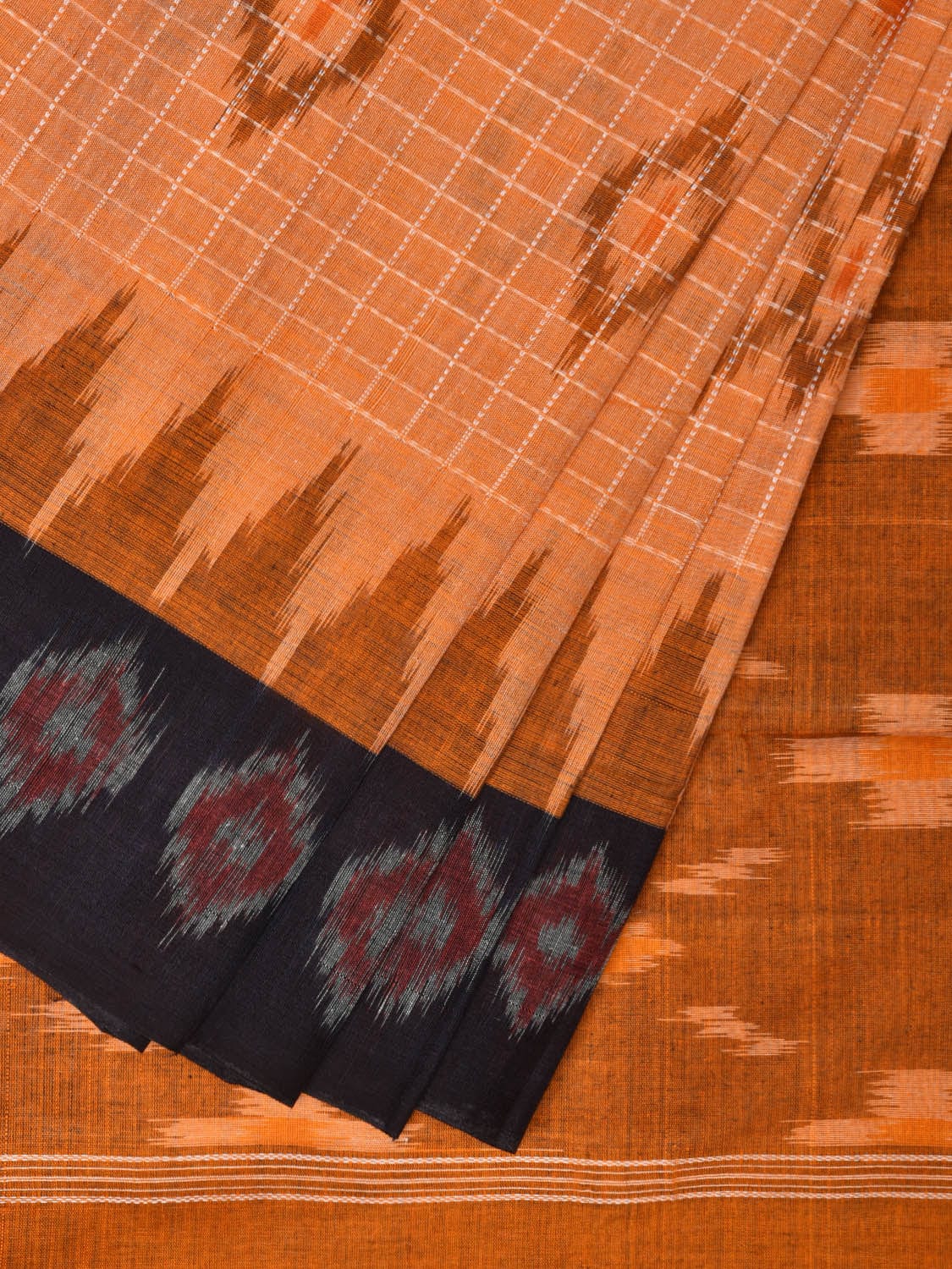 Orange Pochampally Ikat Handloom Saree with Checks and Border Design No Blouse - Global Threads | Swadesiicart