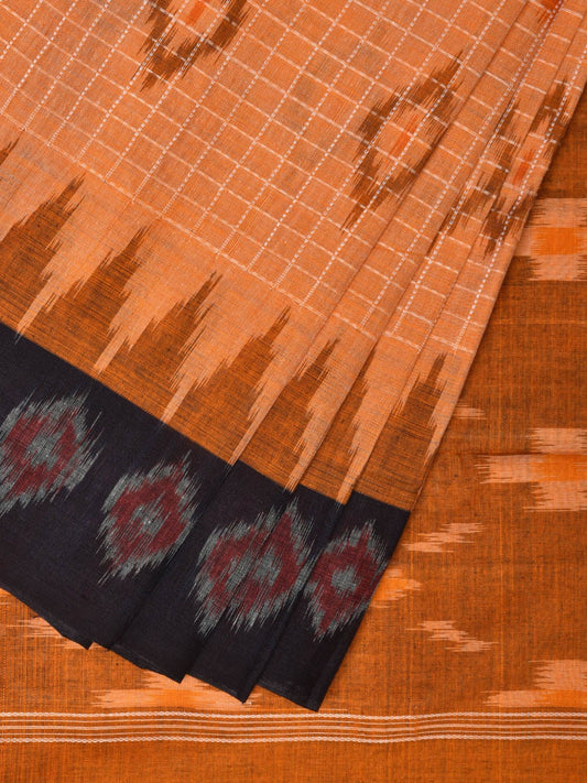 Orange Pochampally Ikat Handloom Saree with Checks and Border Design No Blouse - Global Threads | Swadesiicart