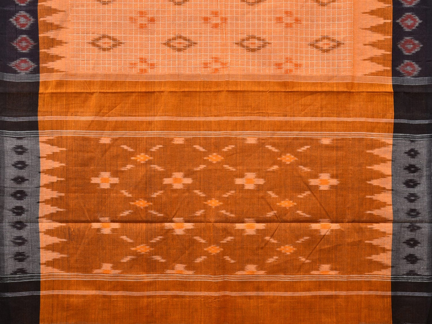 Orange Pochampally Ikat Handloom Saree with Checks and Border Design No Blouse - Global Threads | Swadesiicart