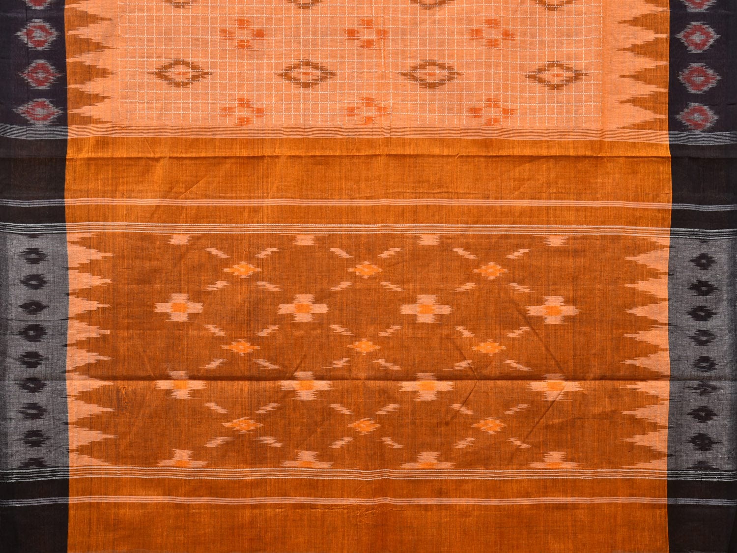 Orange Pochampally Ikat Handloom Saree with Checks and Border Design No Blouse - Global Threads | Swadesiicart
