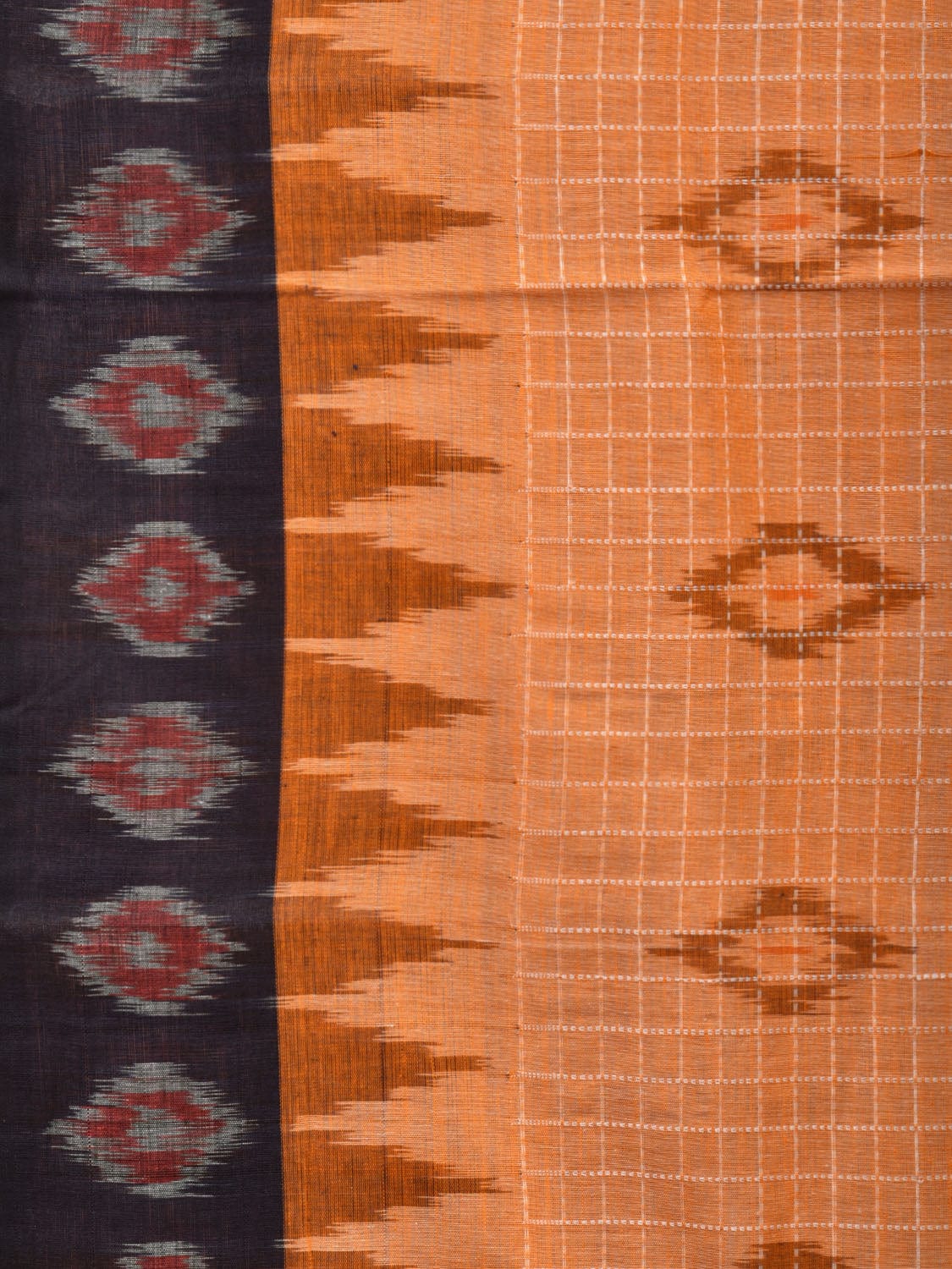 Orange Pochampally Ikat Handloom Saree with Checks and Border Design No Blouse - Global Threads | Swadesiicart