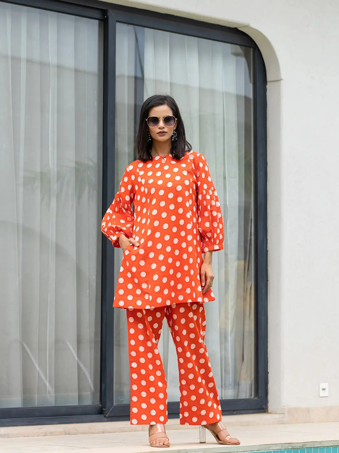 Yufta Orange Polka Dot Print Top And Trouser Co Ord Set - Swadesiicart