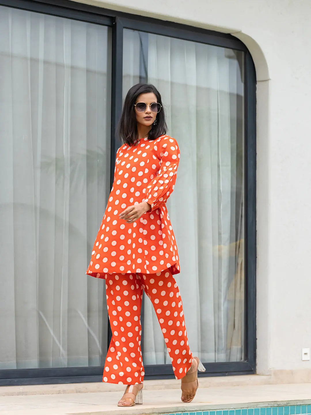 Yufta Orange Polka Dot Print Top And Trouser Co Ord Set - Swadesiicart
