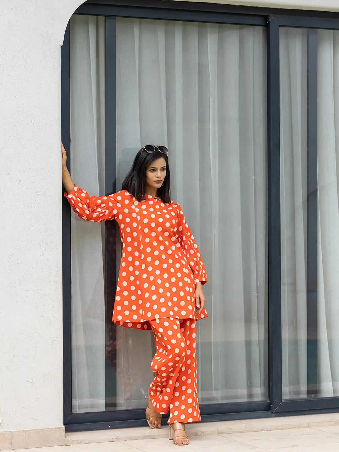 Yufta Orange Polka Dot Print Top And Trouser Co Ord Set - Swadesiicart