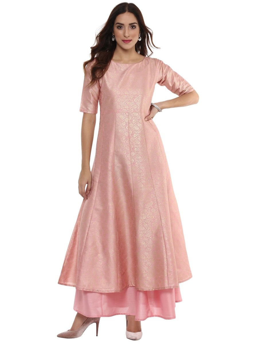 Ahalyaa Women's Pink Poly Silk Gold Foil Print Kurta | Swadesiicart