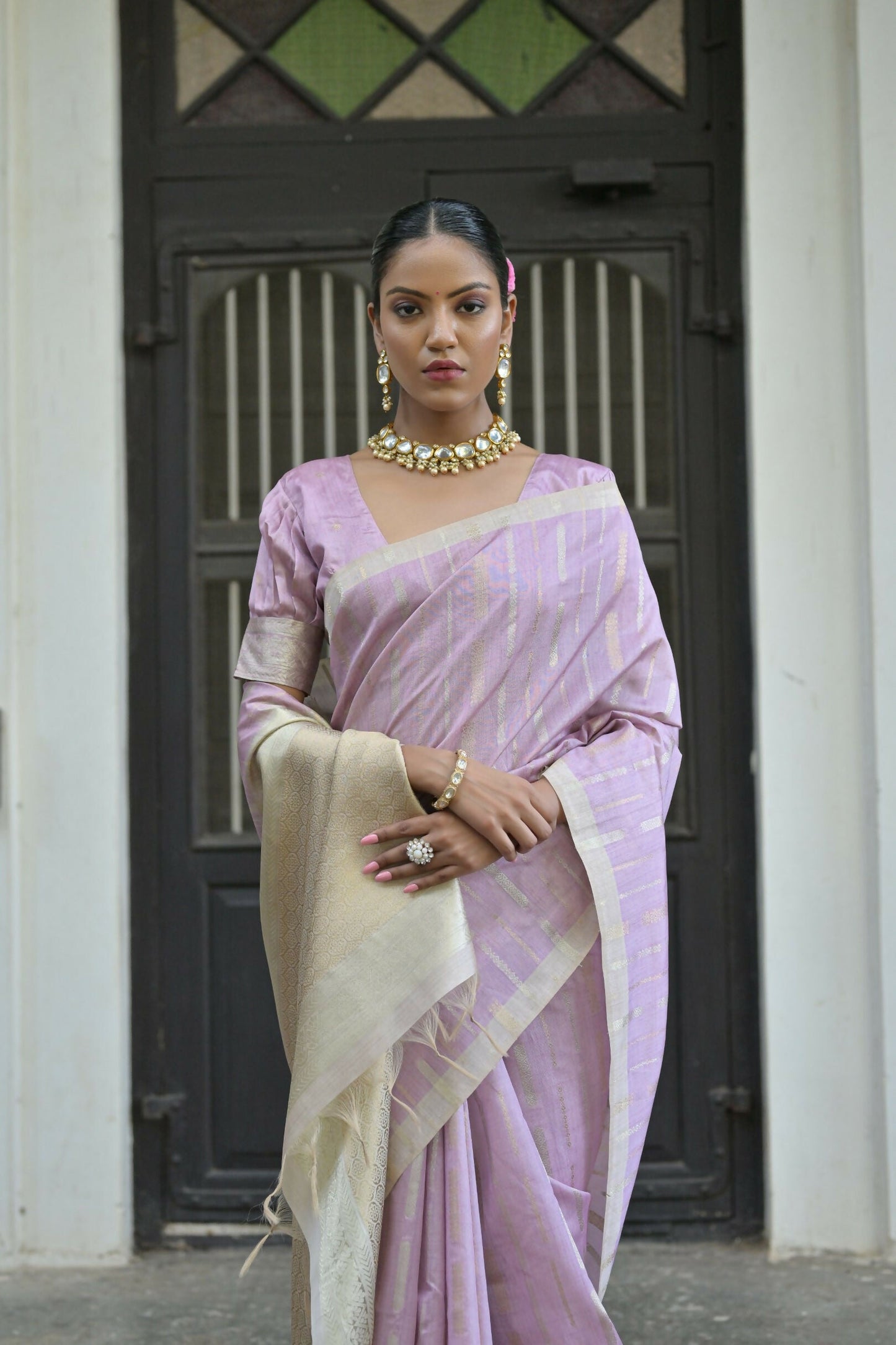 Vishnu Weaves Women's Purple Premium Tussar Silk Saree with Blouse - Swadesiicart