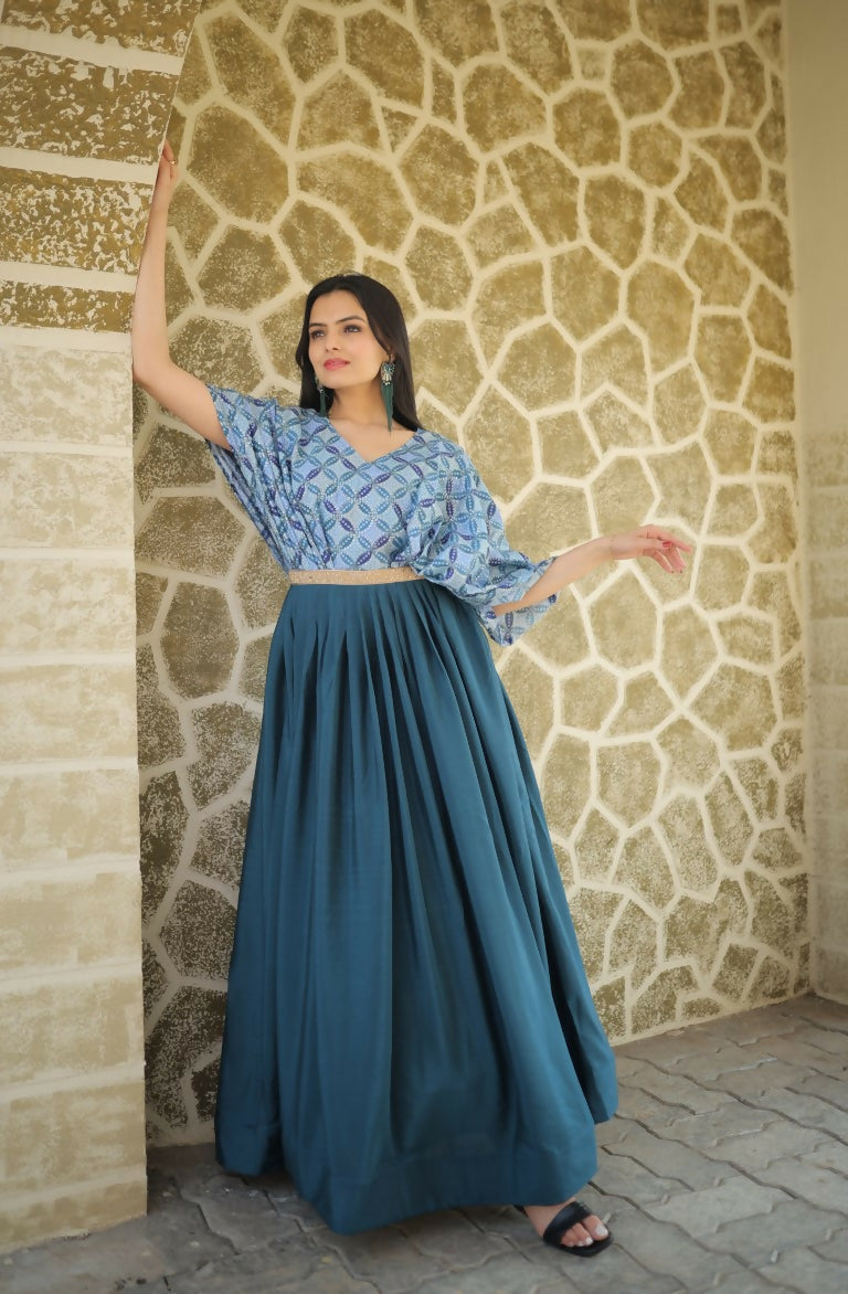 Jyoti Fashion Women's Teal Printed with Sequins Chinon Anarkali Dress | Swadesiicart