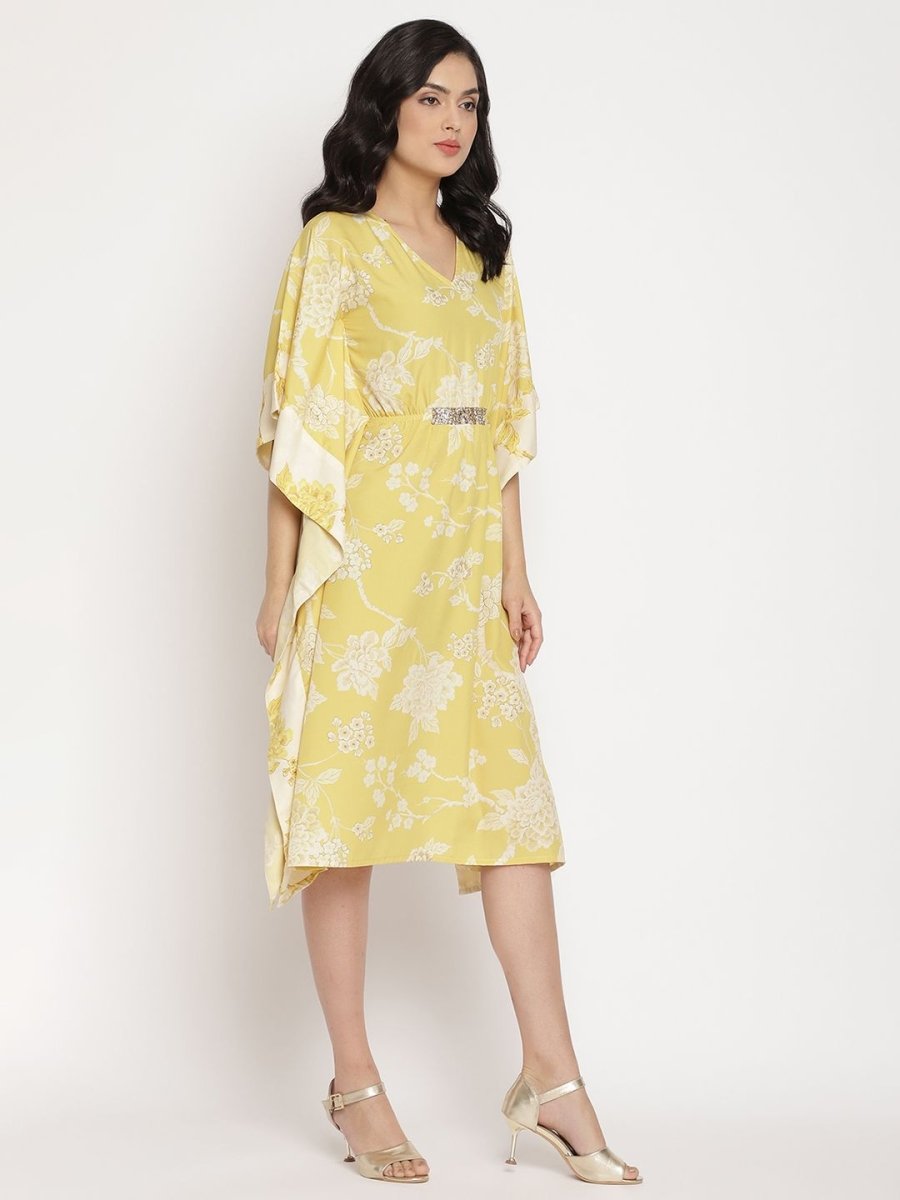Ahalyaa Women Lime Green & Off White Floral Printed Flared Sleeves Floral Kaftan Kurta | Swadesiicart