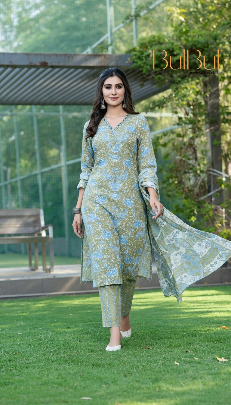 BulBul Fashionista Green Cotton Kurta Set with Dupatta - Swadesiicart