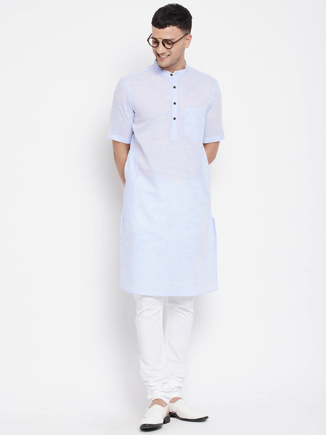 Even Apparels Blue Color Pure Cotton With Band Collar Men's H/S Kurta | Swadesiicart