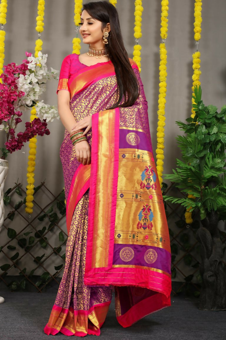 Jyoti Fashion Women's Purple Banarasi Silk Zari Woven Saree with Blouse | Swadesiicart