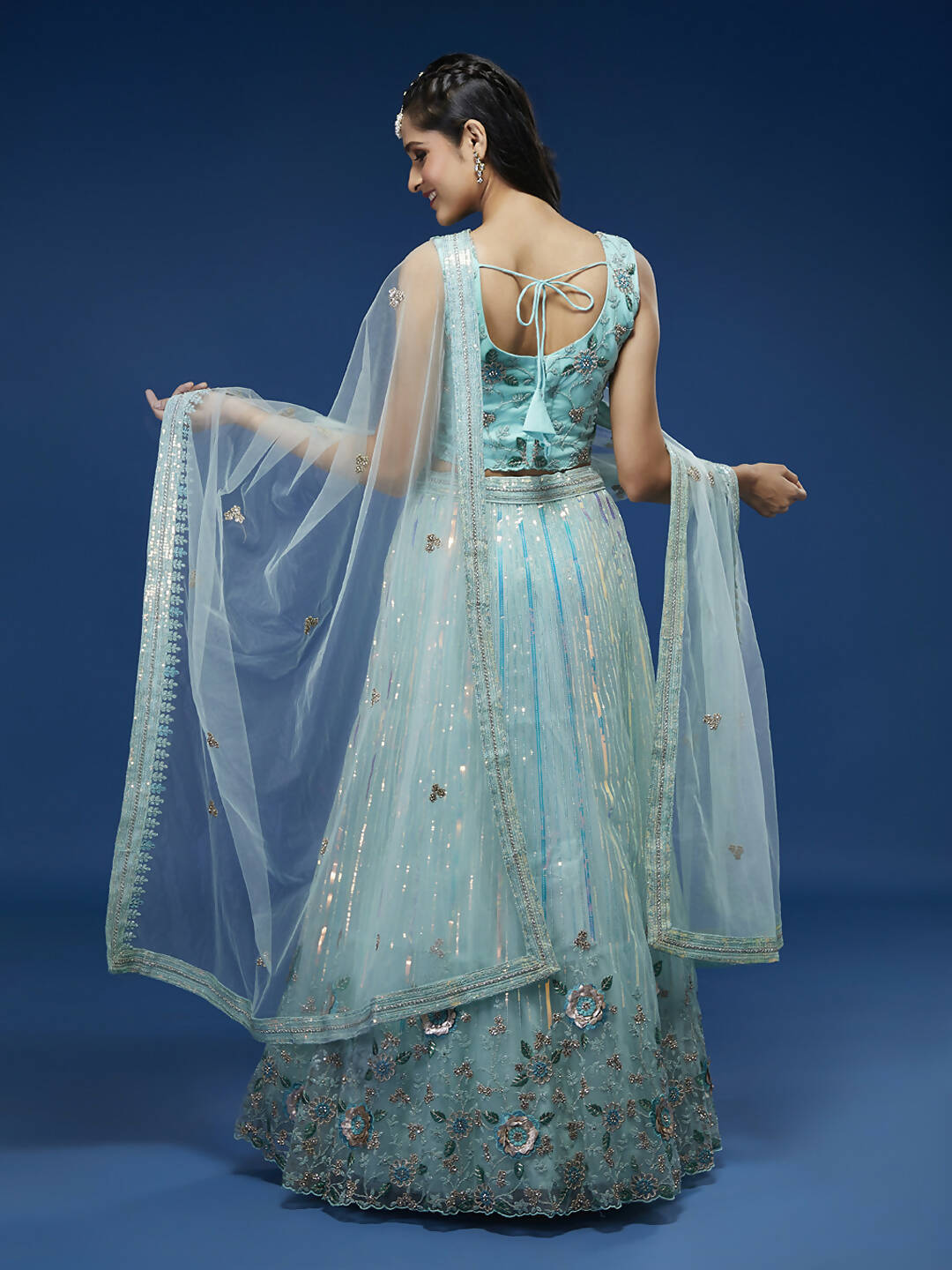 House of Panchhi Turquoise Blue Net Sequinse Work Lehenga & Blouse, Dupatta | Swadesiicart