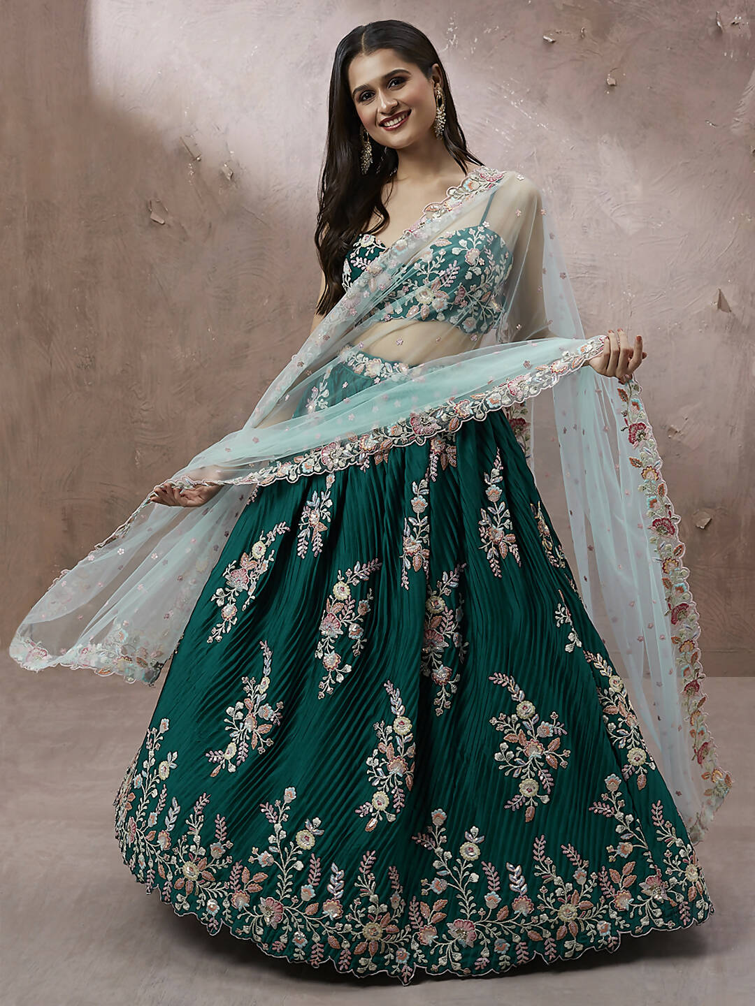 House of Panchhi Teal - Pure Georgette Thread & Sequins Work Lehenga | Swadesiicart