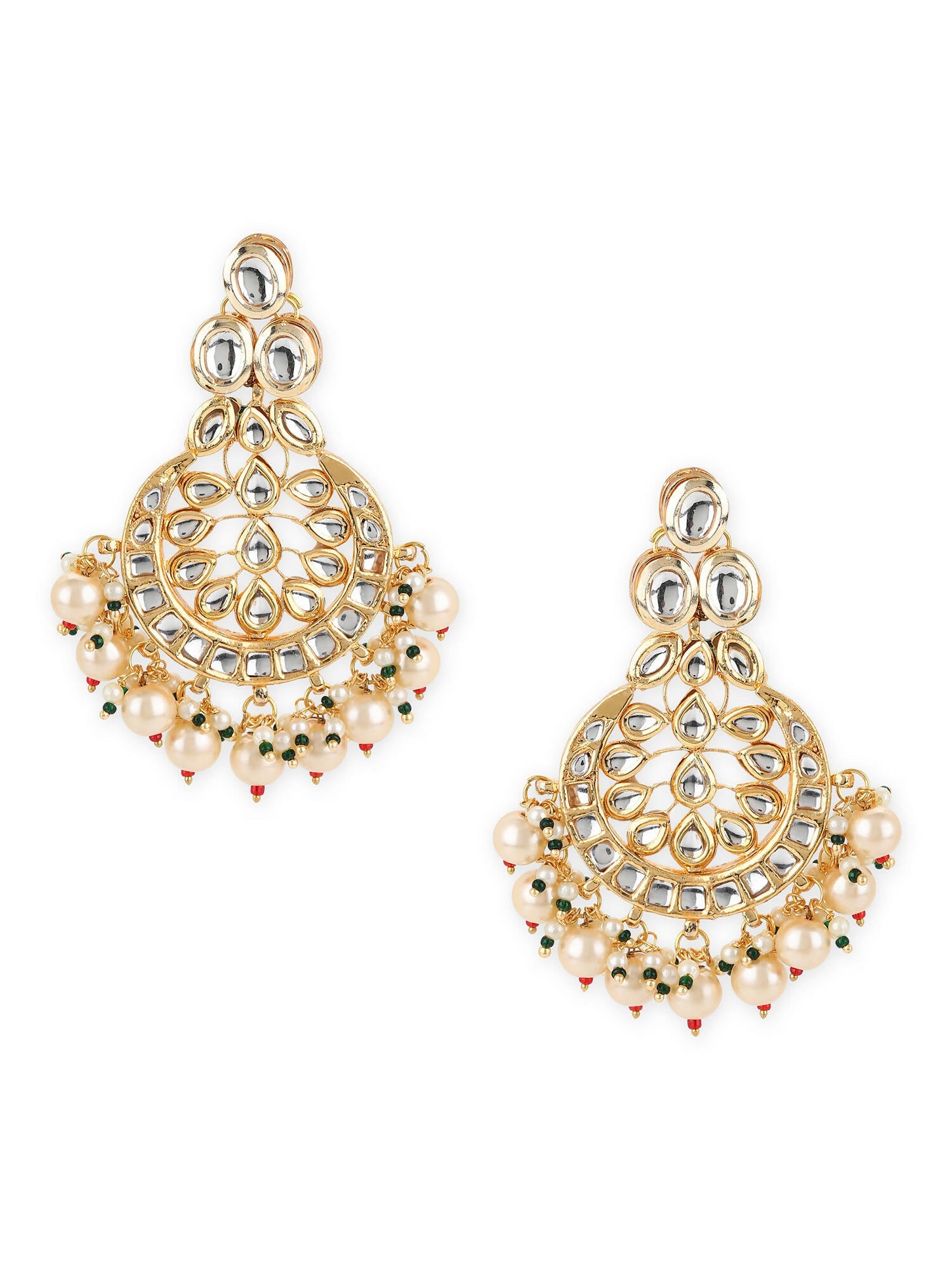 Gold-Toned White Kundan Contemporary Gold-Polished Chandbalis Earrings - Ruby Raang - Swadesiicart