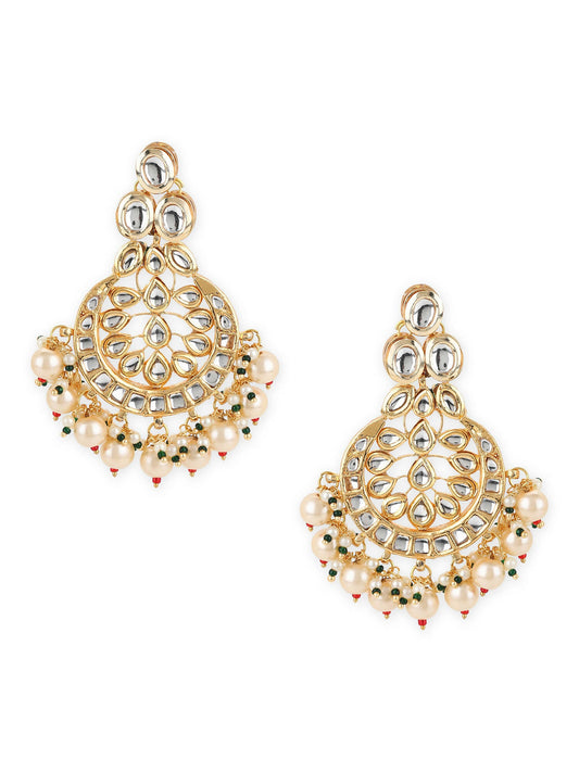 Gold-Toned White Kundan Contemporary Gold-Polished Chandbalis Earrings - Ruby Raang - Swadesiicart