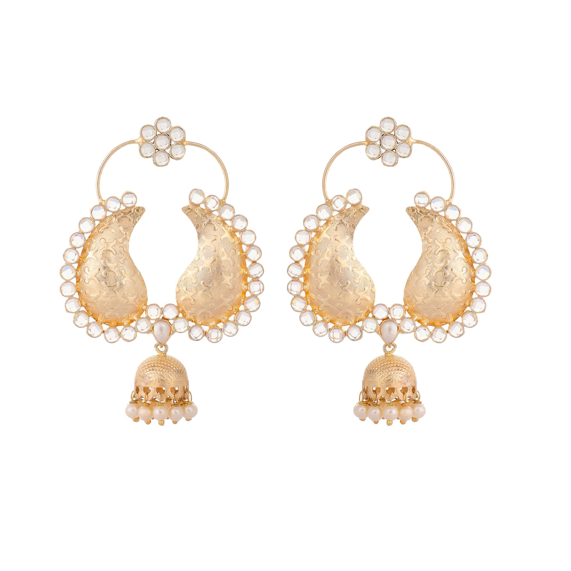 Nuyug 22K Gold Plated White Stone Studded Contemporary Mini Jhumki Dangler Earrings | Swadesiicart