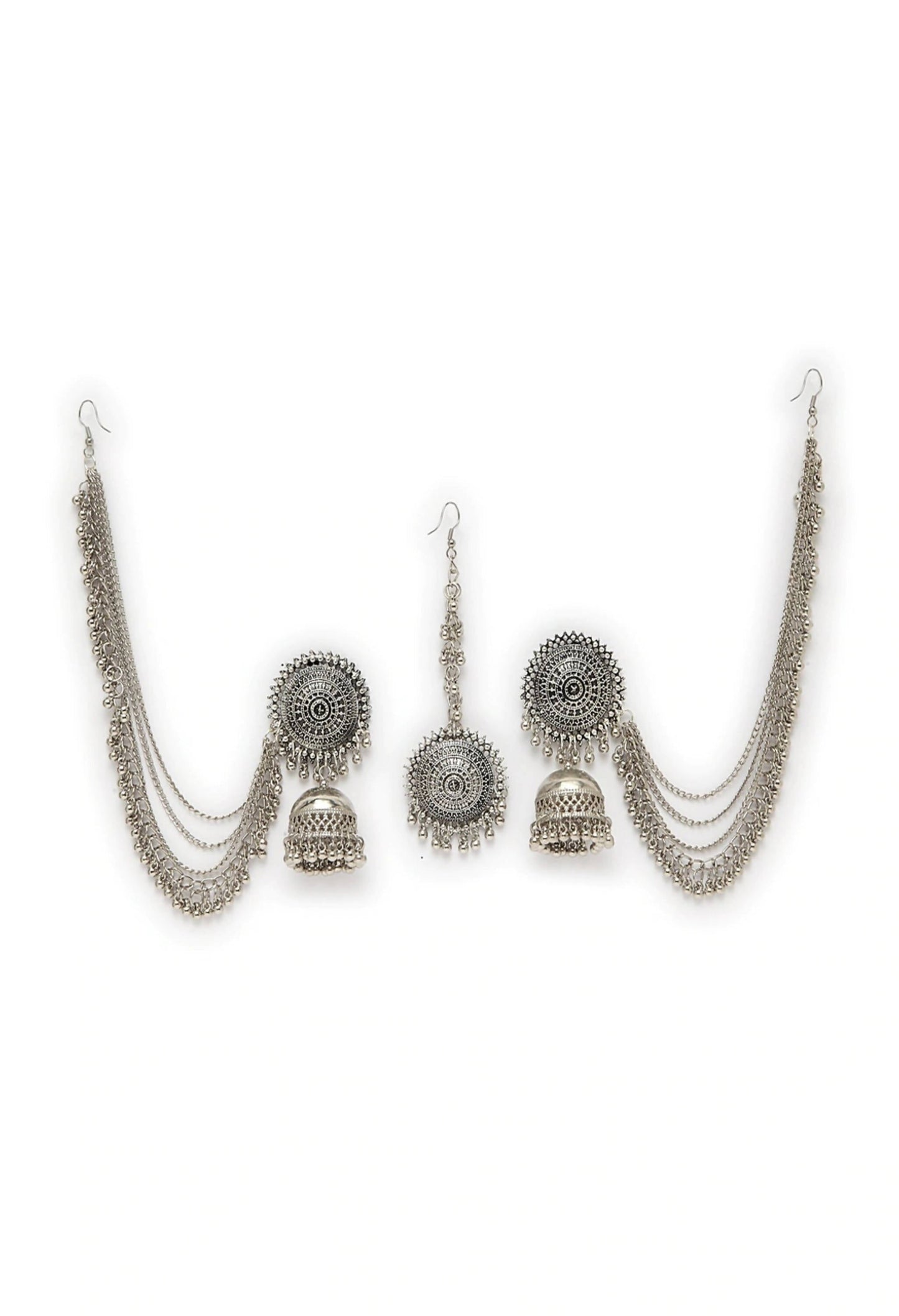 Mominos Fashion Johar Kamal Bahubali Silver Colour Earrings With Tikka - Swadesiicart