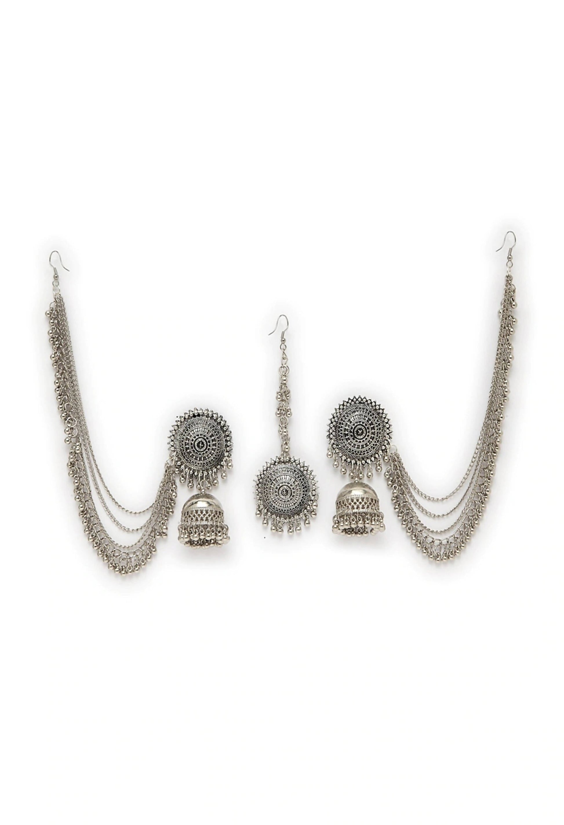 Mominos Fashion Johar Kamal Bahubali Silver Colour Earrings With Tikka - Swadesiicart