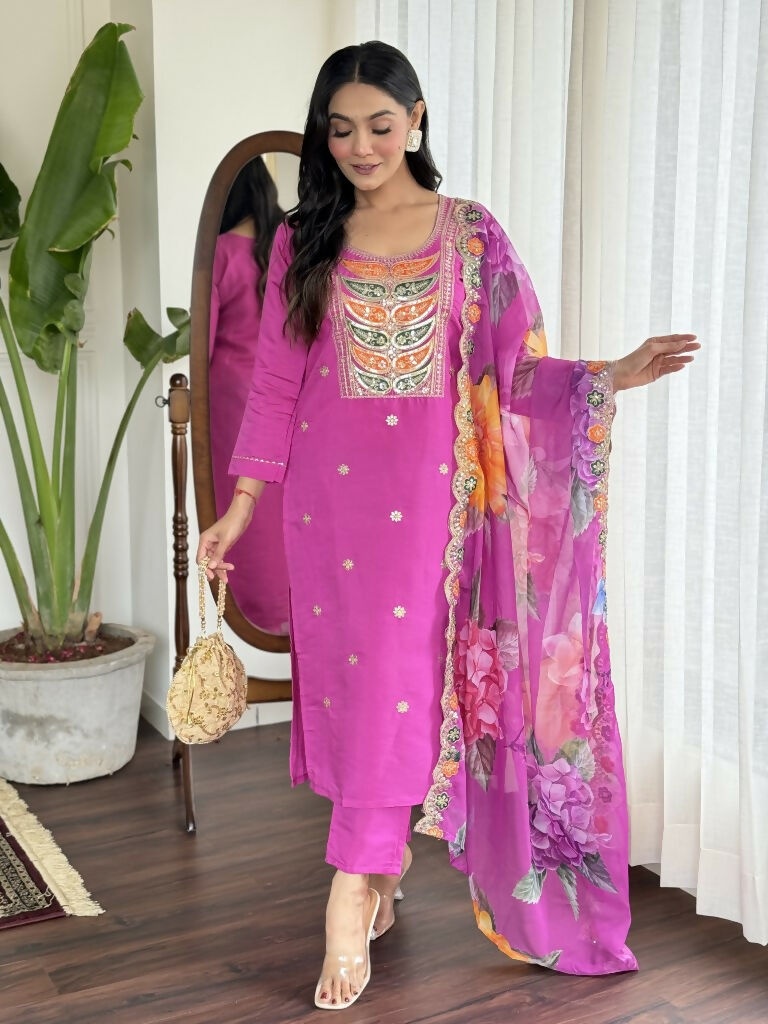 Light purple Viscose Chanderi Stitched Suit With Dupatta - Tanisha | Swadesiicart