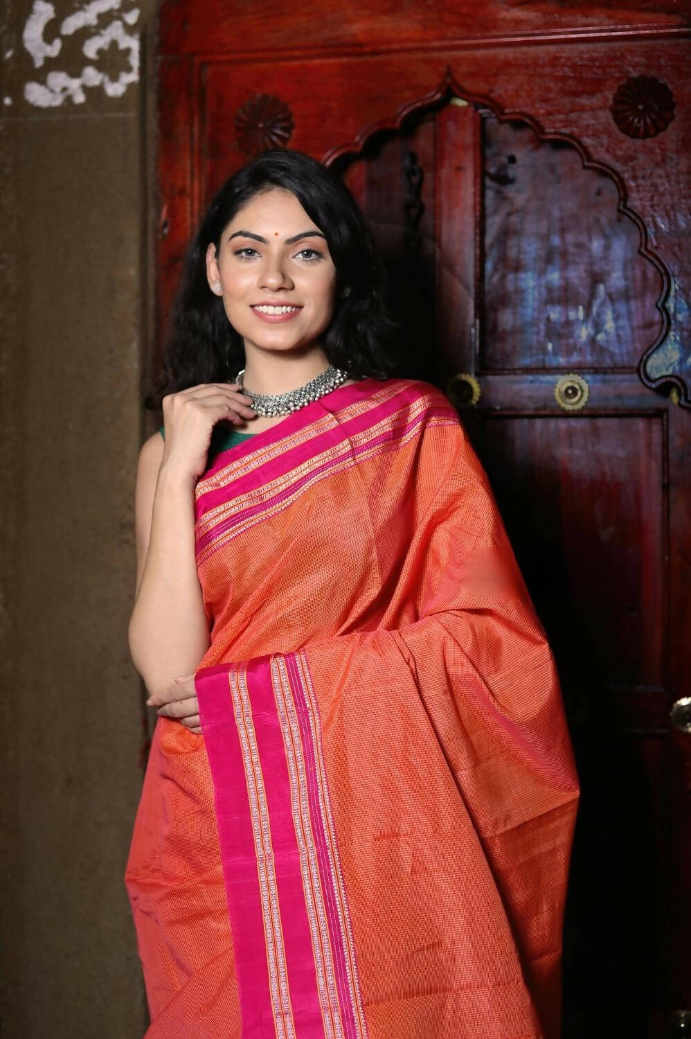 Very Much Indian Handloom Cotton Viscose Ilkal Saree With Pure Resham Pallu - Orange | Swadesiicart