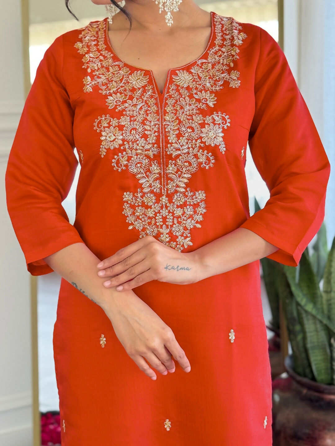 The52 Rust Women's Gorgeous Roman Silk Fabric Straight Kurta, Pant and Dupatta Set - Swadesiicart