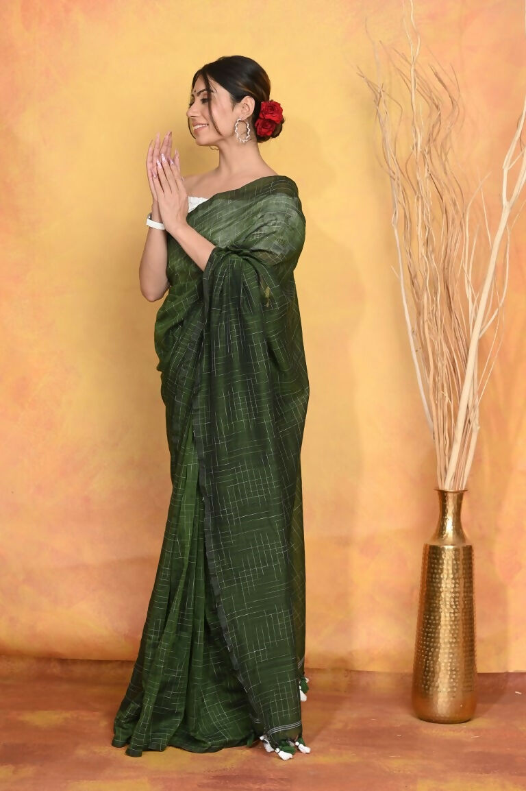 Very Much Indian Mul Cotton Khadi Design Handloom Woven Saree - Green | Swadesiicart