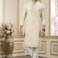 Raivat Ethnic Banarasi Art Silk Thread and Mirror Work Kurta Pajama In Beige Colour | Swadesiicart