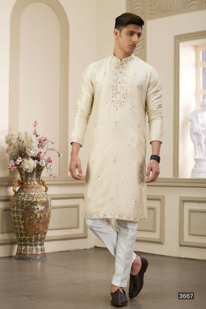 Raivat Ethnic Banarasi Art Silk Thread and Mirror Work Kurta Pajama In Beige Colour | Swadesiicart