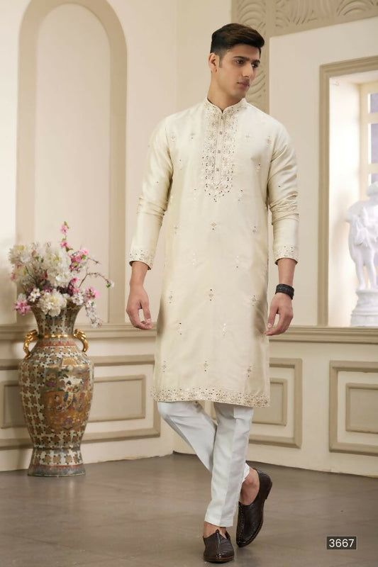 Raivat Ethnic Banarasi Art Silk Thread and Mirror Work Kurta Pajama In Beige Colour | Swadesiicart