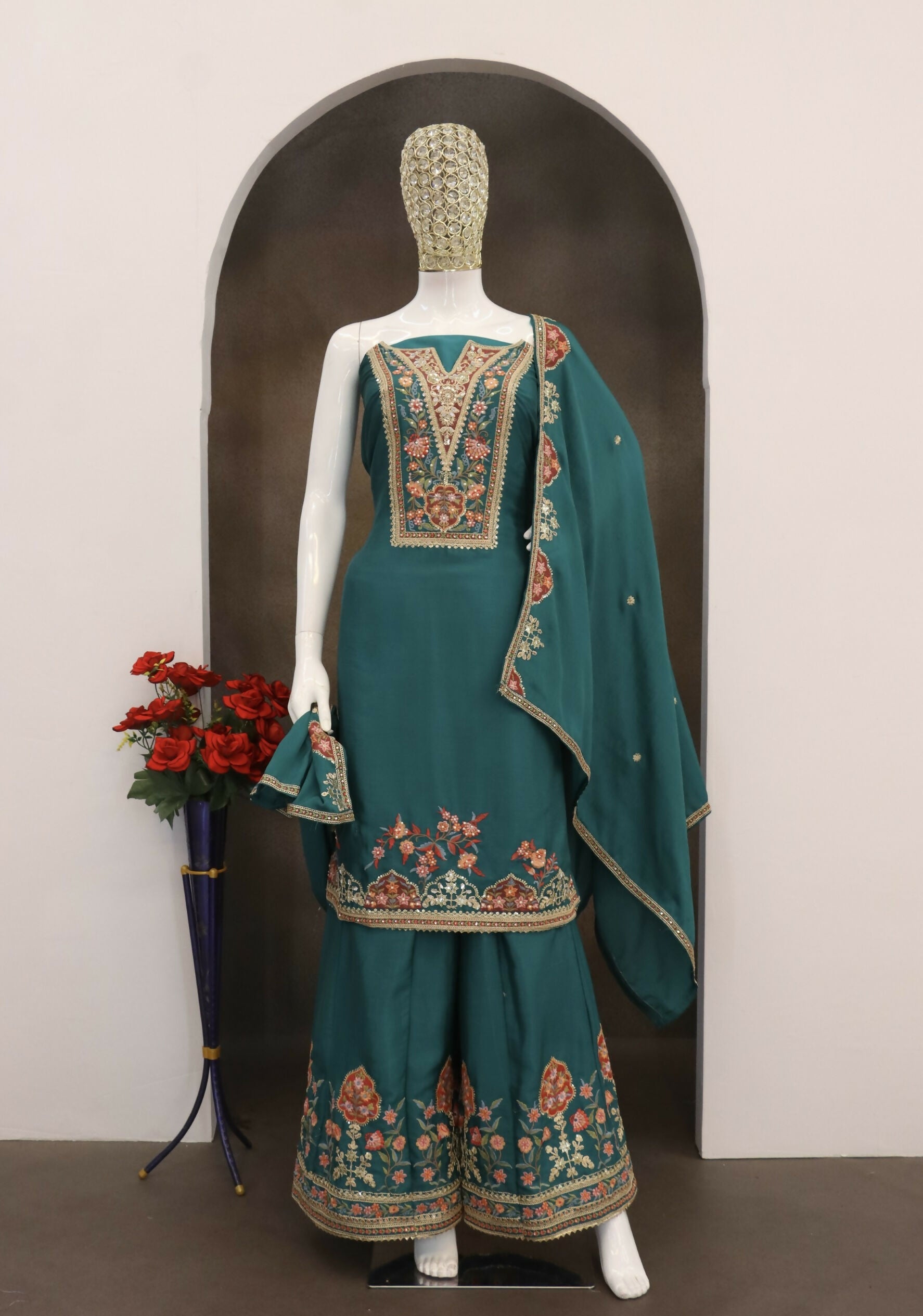 Anaita Teal Blue Chinon Stitched Suit with Embroidery Sequence Work
