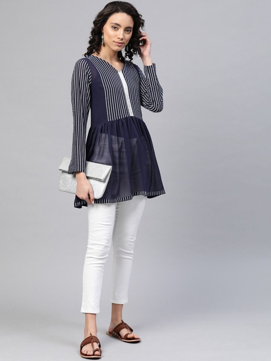 Ahalyaa Women Navy Blue Georgette Khari Print Tunic | Swadesiicart