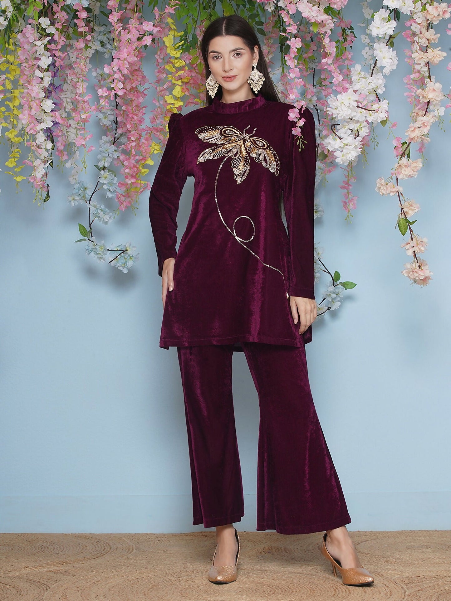 Joban Fashion Wine Velvet Hand Embellished Coord Set - Swadesiicart