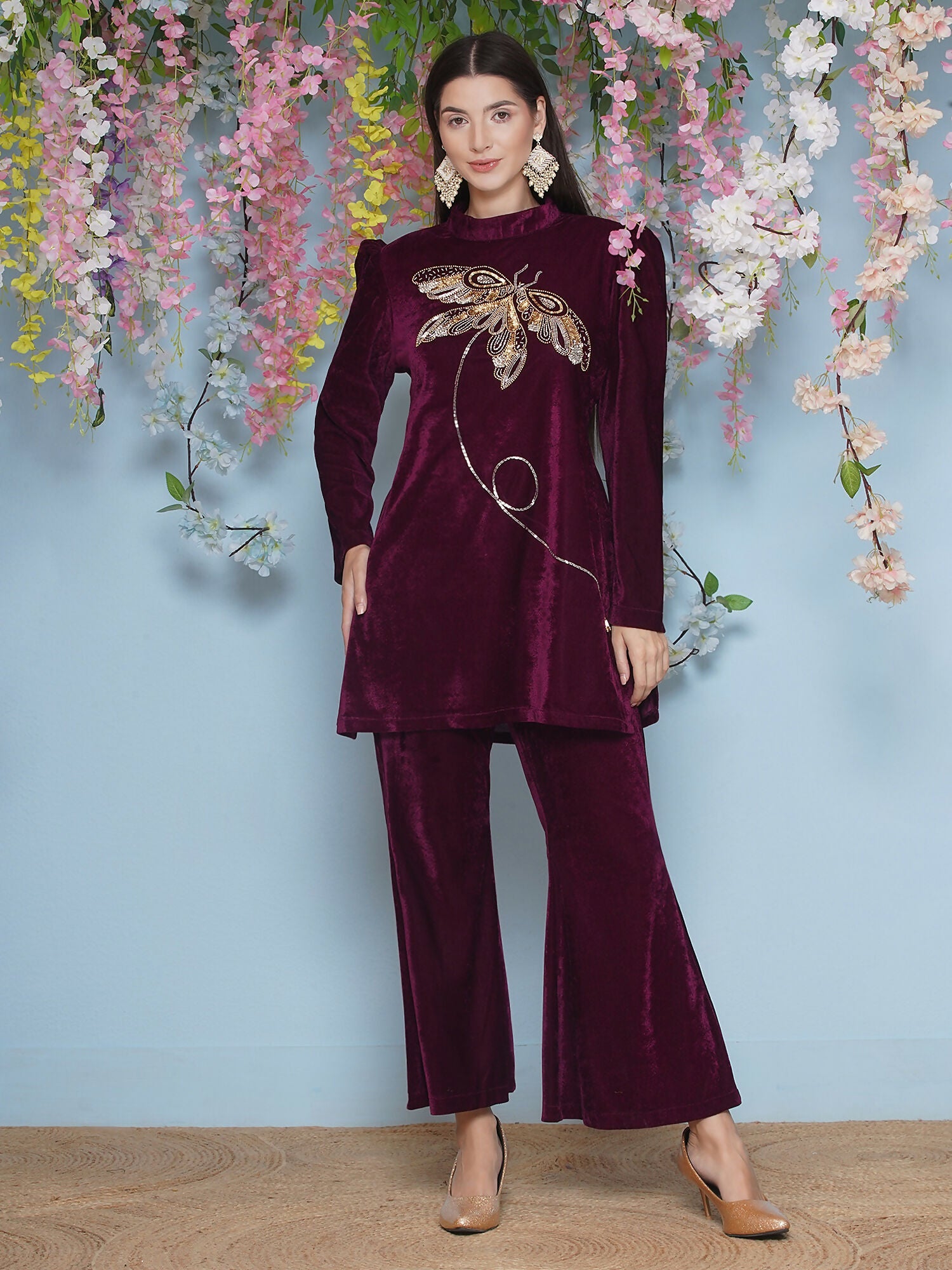 Joban Fashion Wine Velvet Hand Embellished Coord Set - Swadesiicart