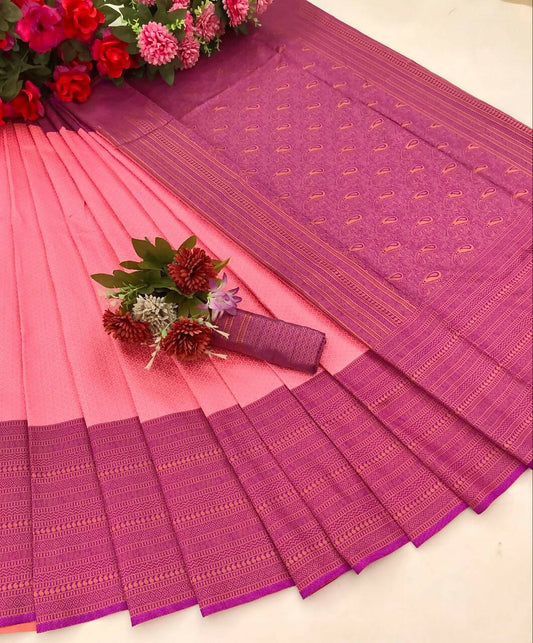 DEIANA'S Beautiful Designer Golden zari Soft Lichi Silk Saree - Pink - Swadesiicart