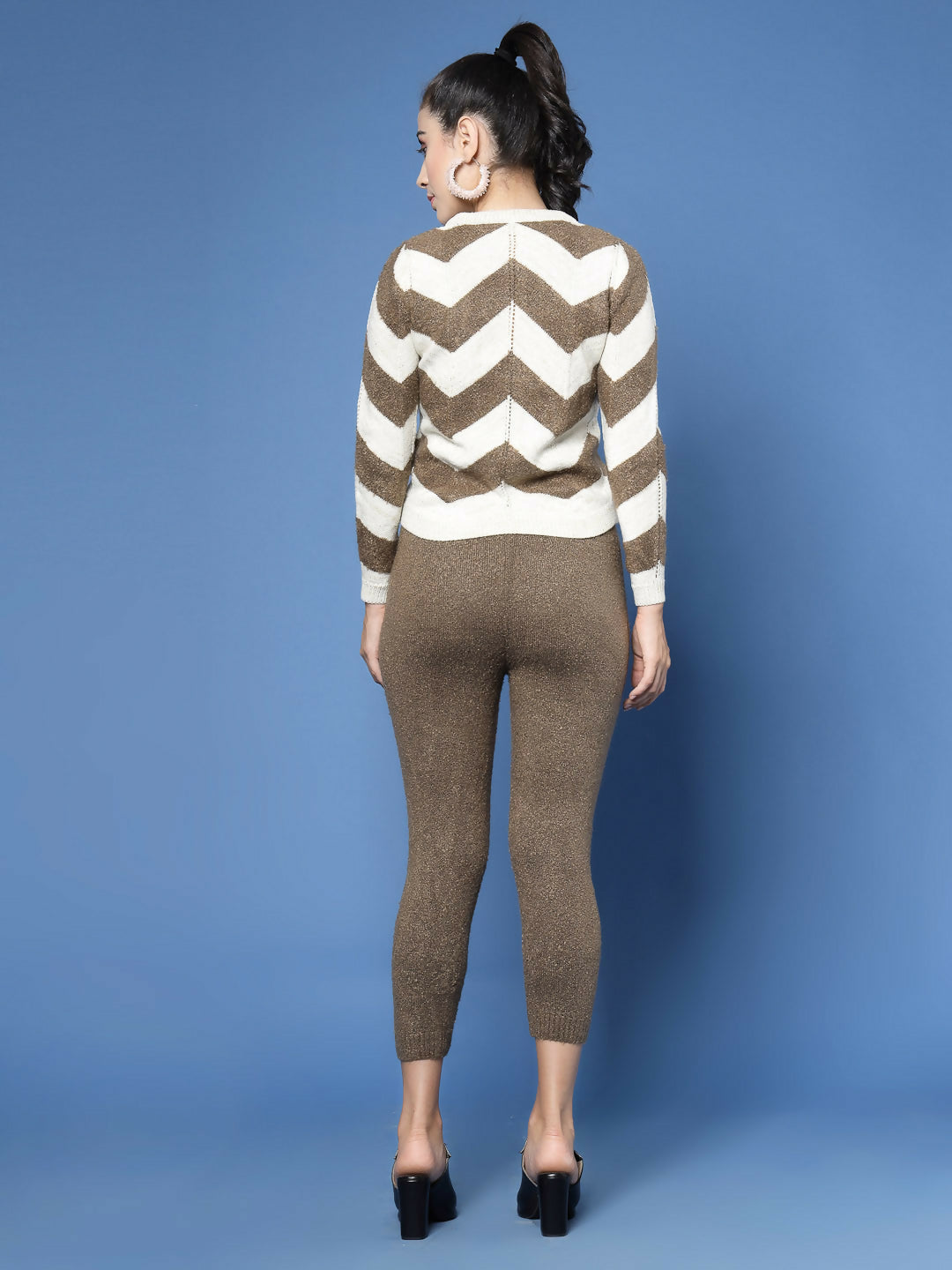 Women Cream Acrylic Stripe & Solid Winter Co-Ord Set - Wool Trees - Swadesiicart