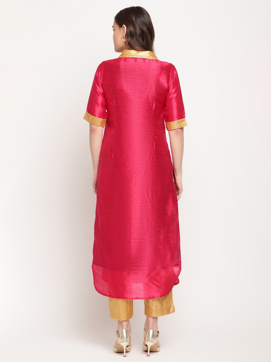 Ahalyaa Women's Dark Pink Poly Silk Kurta Trouser Set | Swadesiicart