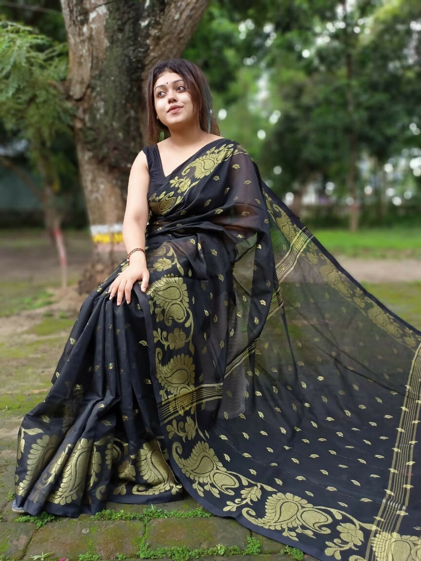 Exclusive Collection Black Beautiful Cotton Silk Saree - Swadesiicart
