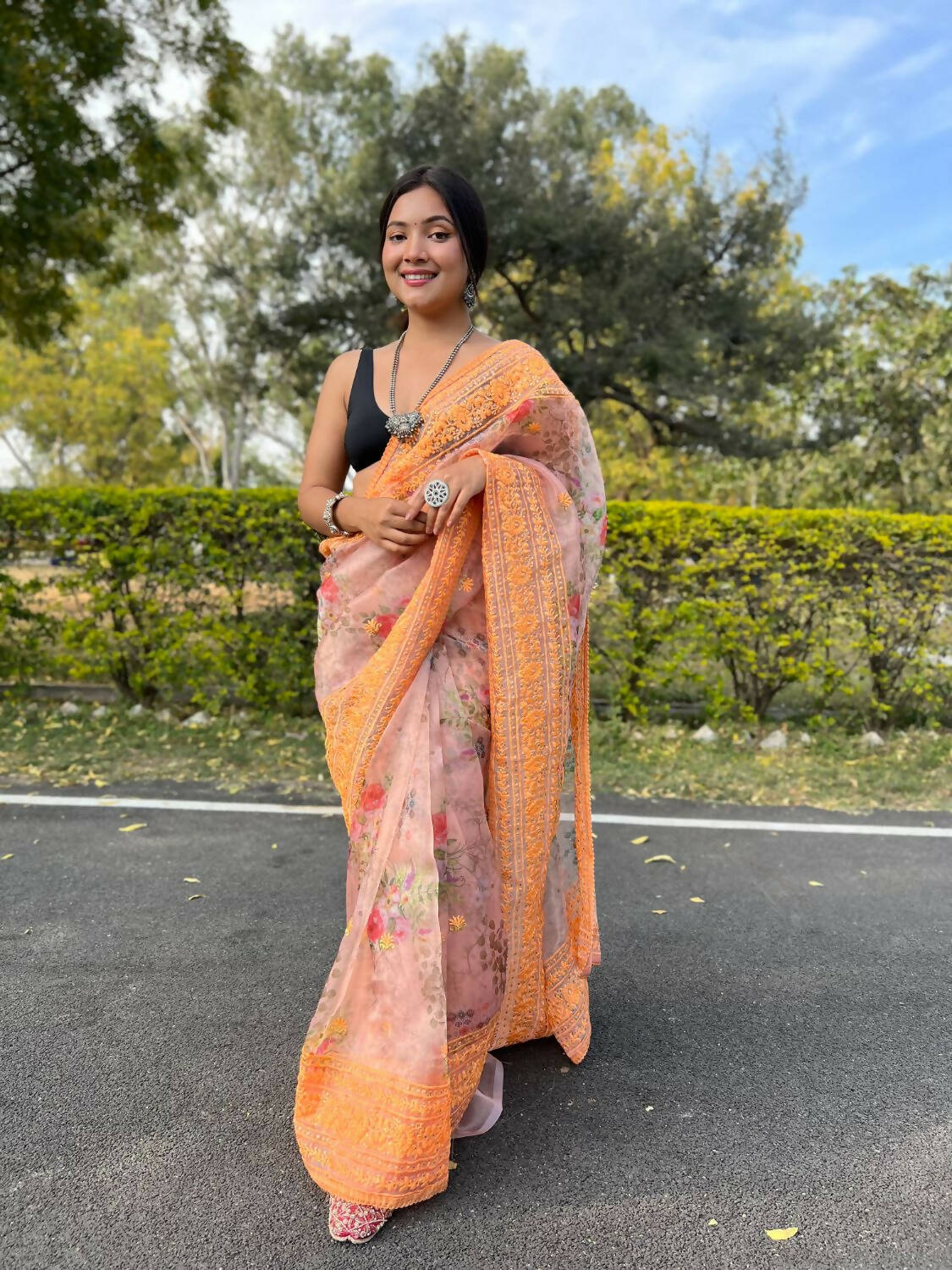 Vamsee Orange Organza Saree - Swadesiicart