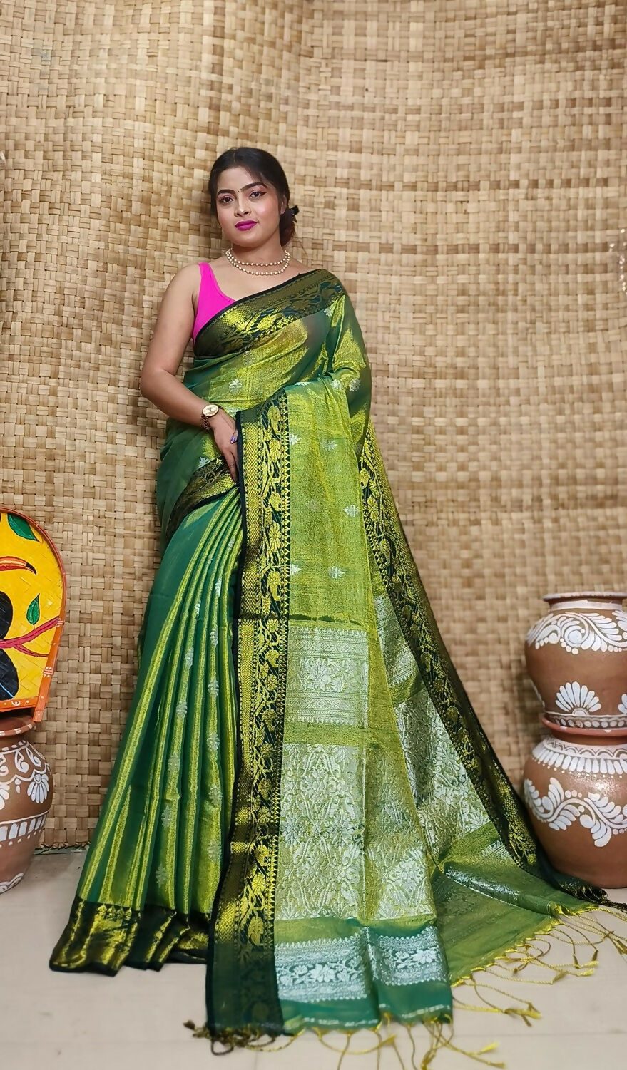 Exclusive Collection Green Beautiful Tissue Benarasi Saree - Swadesiicart