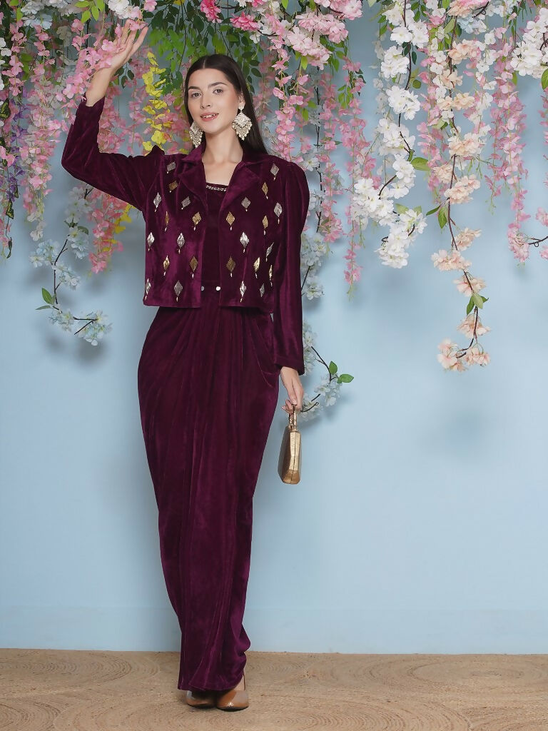 Joban Fashion Wine Hand Embellished Jacket with inner and skirt - Swadesiicart