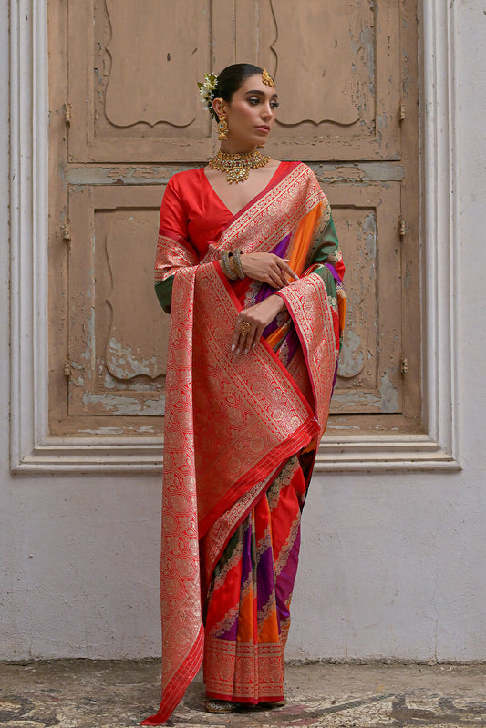 Vishnu Weaves Women's Red Banarasi Silk Zari Woven Saree with Blouse - Swadesiicart