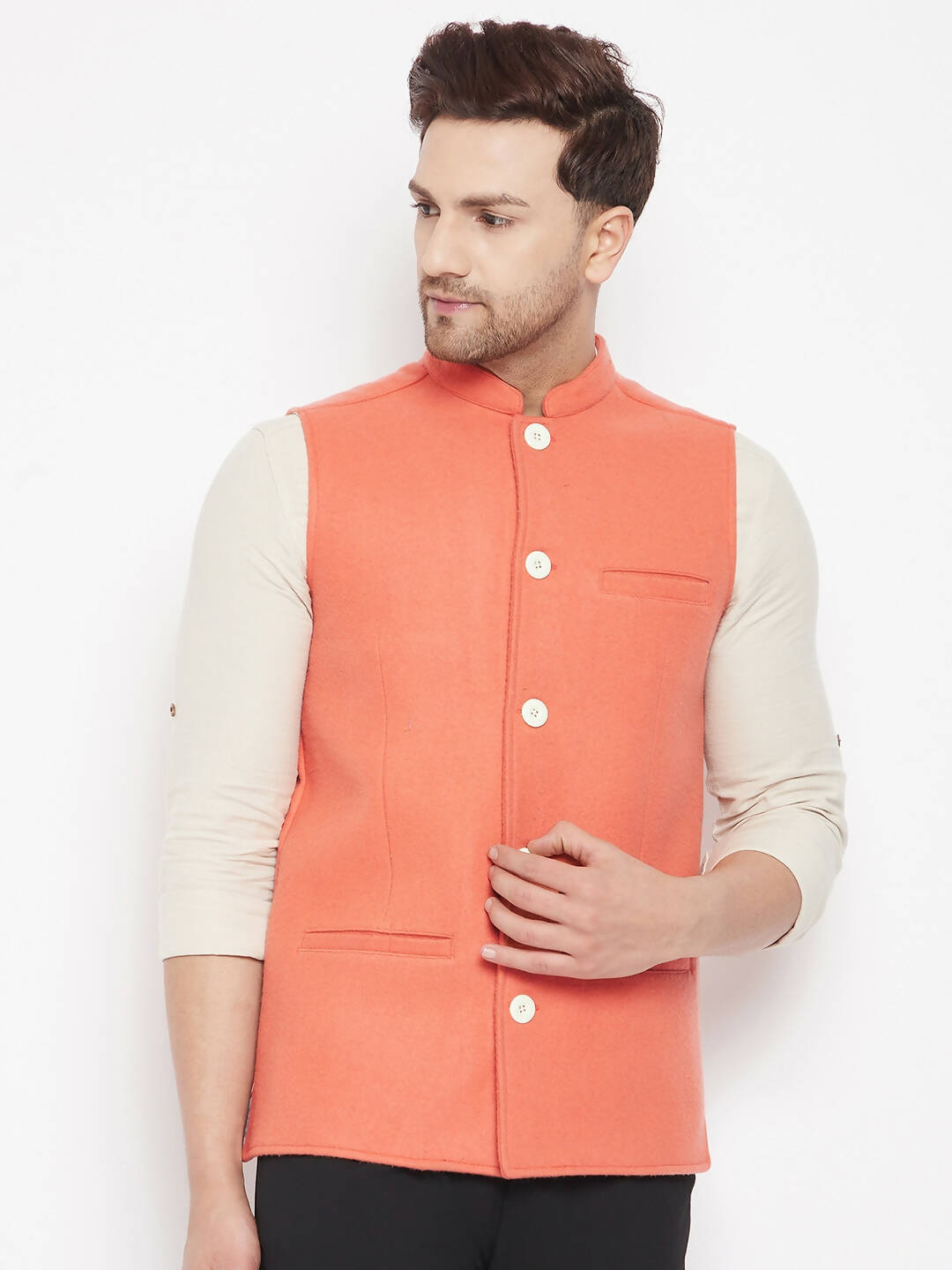 Even Apparels Orange Wool Men Woven Nehru Jacket | Swadesiicart
