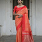 Vishnu Weaves Women's Orange Raw Silk Saree with Blouse - Swadesiicart