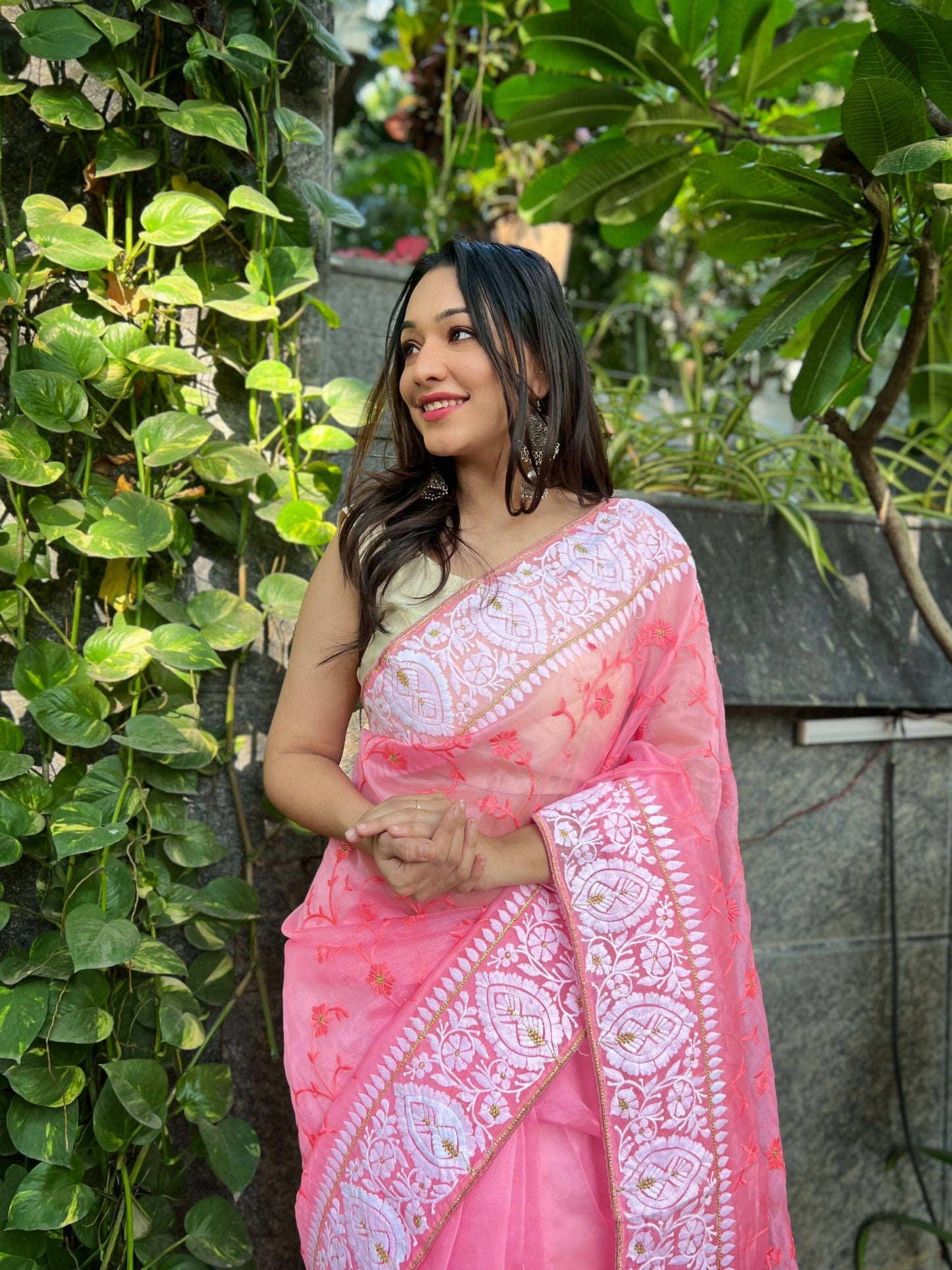 Vamsee Palak Saavi Pink Organza Saree - Swadesiicart
