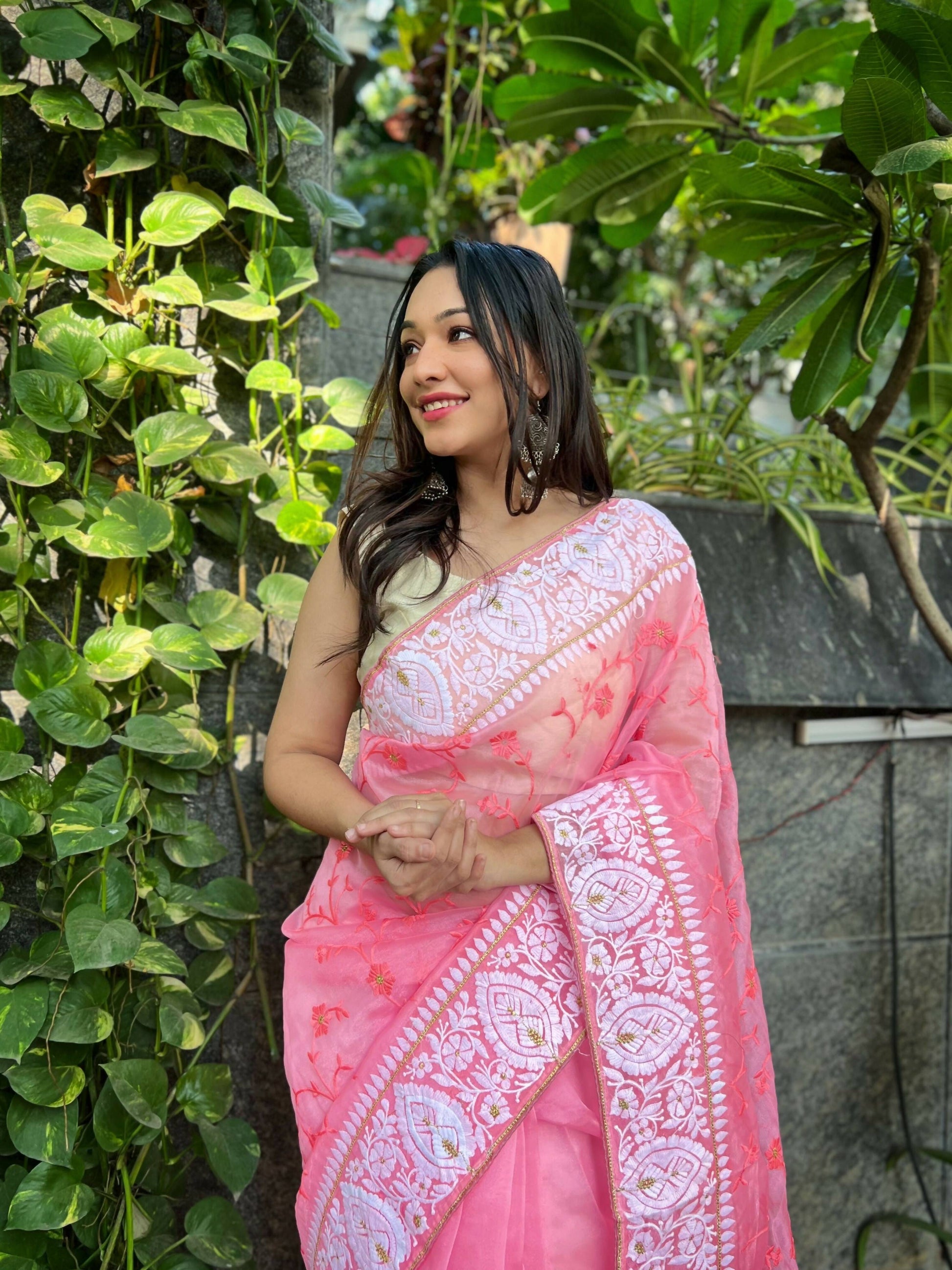 Vamsee Palak Saavi Pink Organza Saree - Swadesiicart