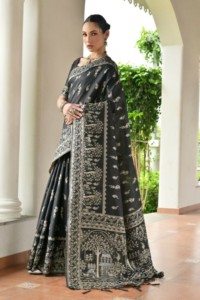 Vishnu Weaves Women's Black Handloom Raw Silk Thread Weaving Saree with Blouse - Swadesiicart
