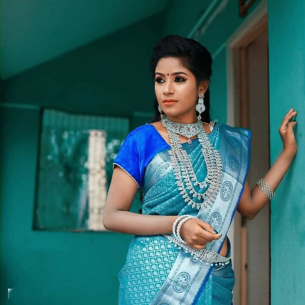 DEIANA'S Beautiful Designer Golden zari Soft Lichi Silk Saree - Sky - Swadesiicart