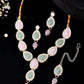 VOJ Gold-Polished Nude Pink And Mint Green Stone Studded Jewellery Set With Maang Tikka - Swadesiicart