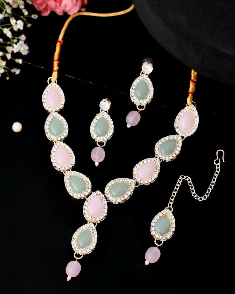 VOJ Gold-Polished Nude Pink And Mint Green Stone Studded Jewellery Set With Maang Tikka - Swadesiicart